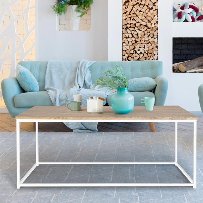 Table basse DETROIT design industriel bois et métal blanc