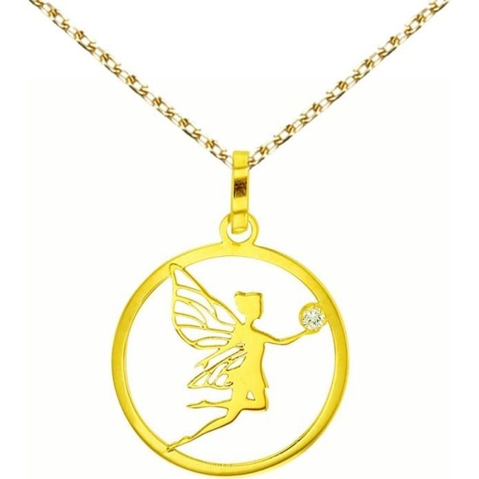 Collier - Pendentif Or 18 Carats 750/000 Jaune - Fée et Zirconium - Femme