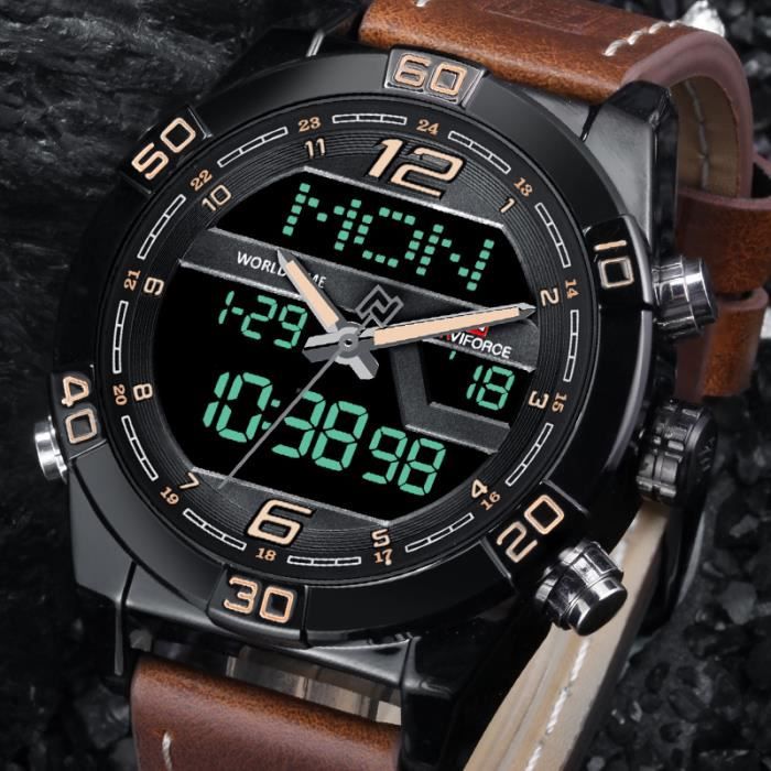NAVIFORCE luxe hommes montre en cuir multifonctionnel étanche LED numérique Date Sport Quartz homme montre militaire