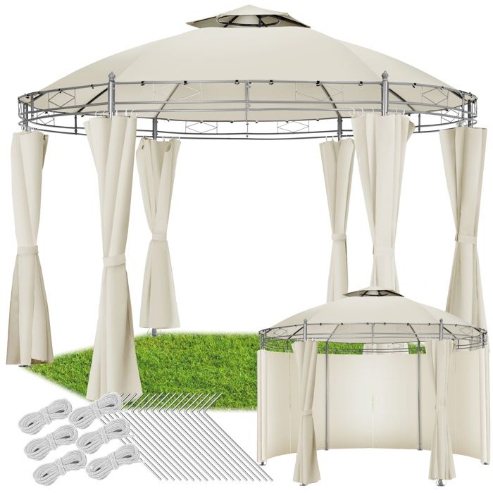 TECTAKE Tonnelle de Jardin Ronde avec Panneaux Latéraux 6 Piliers en Métal 3,5 m x 2,8 m Beige