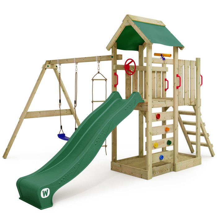 WICKEY Aire de jeux Portique bois MultiFlyer avec balançoire et toboggan vert Maison enfant extérieure avec bac à sable
