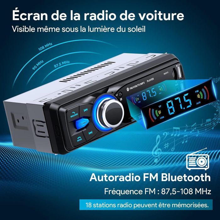 Autoradio Bluetooth 1 DIN IFreGo - FM/USB/SD/AUX - Compatible IOS/Android - Main Libre & Charge Rapide 12V
