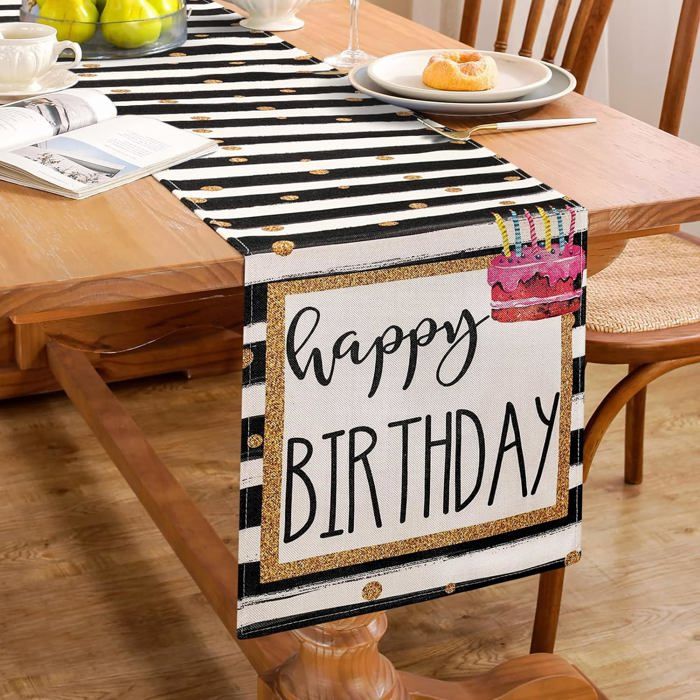Chemin De Table 50e Anniversaire Noir Et Or - 180x35 Cm - Polyester - Décoration De Table Pour Fête, Anniversaire, Événement