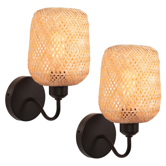 TOKIUS 2 Pièces Applique Murale Intérieur Bohème E27 Lampe Murale Métal Rétro Rustique Abat-Jour en Bambou Tressé Faite Main