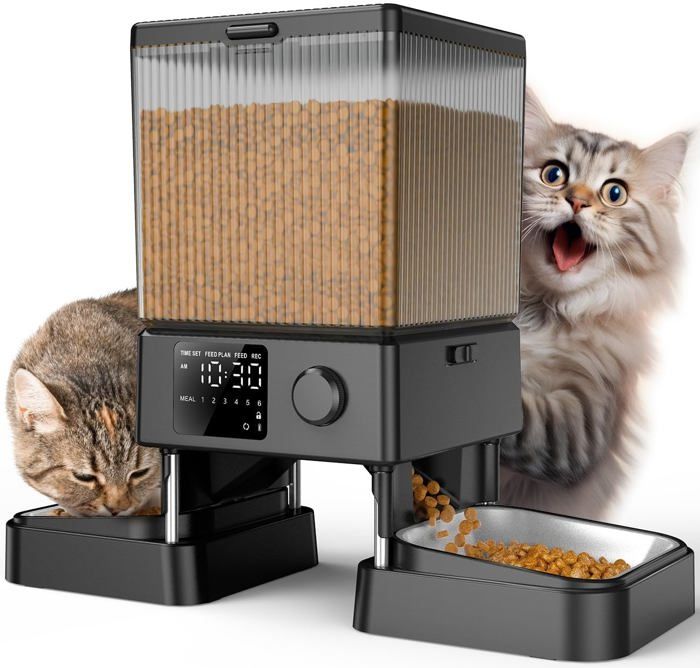 Meilleurs prix pour 5L Distributeur Croquettes Chat Automatique 2 Bols Mangeoire Automatique Pour Chat À Un Bouton Fonctionnement Facile Mangeoire Pou