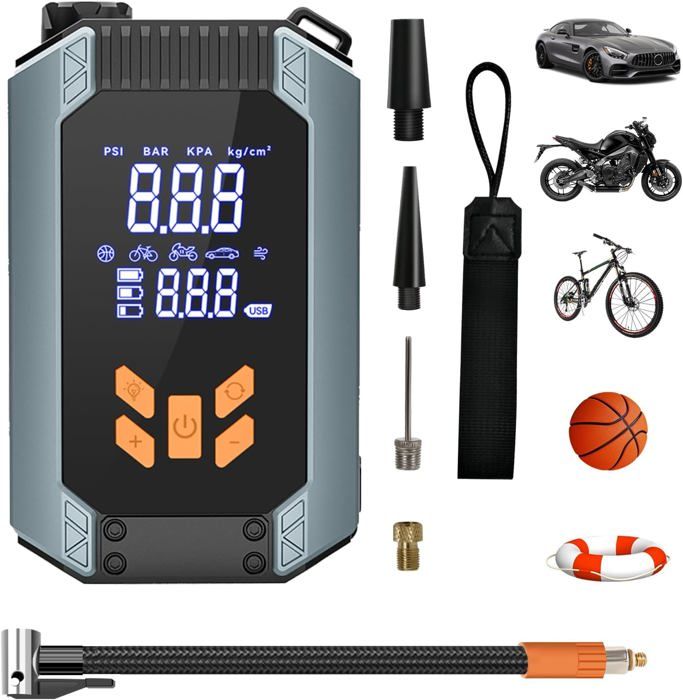 Compresseur Numérique LCD Avec Manomètre Pour Pneus – 4 Unités PSI, Bar, KPa