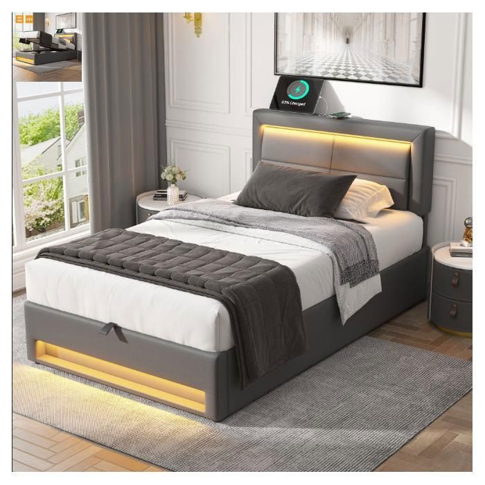 Lit coffre 90x190 cm - Lit simple rembourré - LED et USB - Lit dadolescent Charge sans fil filaire - PU Gris