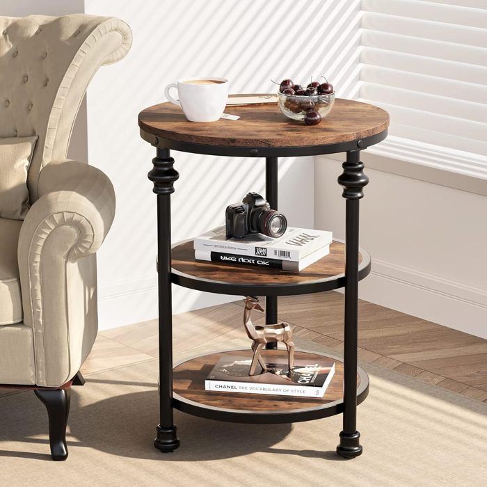 Table dAppoint en Bois Bout de Canapé Rond à 3 Niveaux Style Industriel Rétro Meuble de Salon Chambre Marron