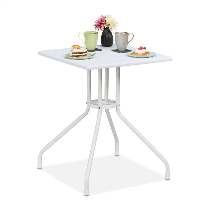 Relaxdays Table de jardin HxLxP : 73 x 62 x 62 cm aspect bois carrée balcon terrasse plastique et acier blanche