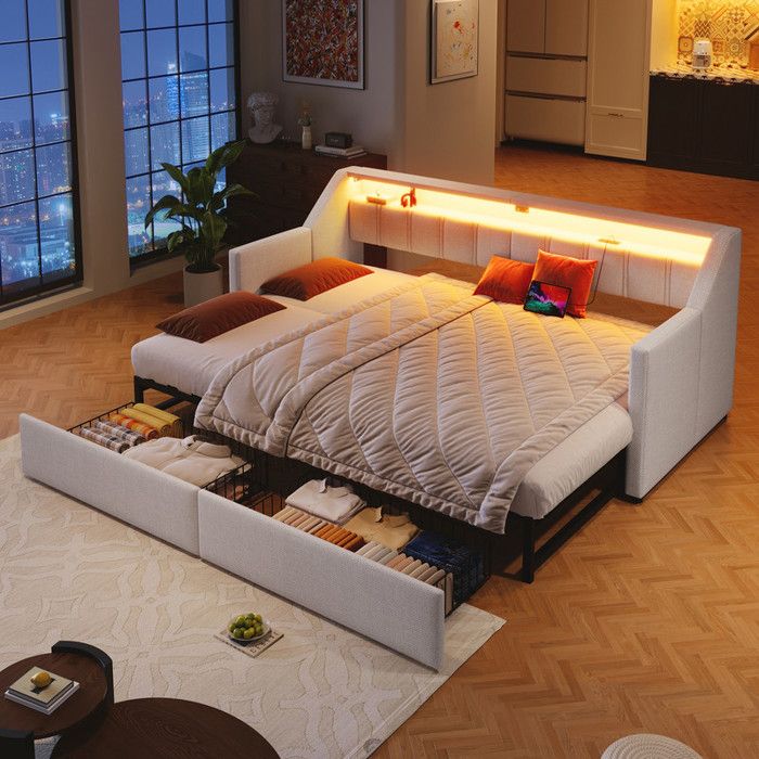 Canapé lit Convertible 90x200cm avec LED Lit Gigogne Multifonctionnel avec 2 Tiroirs avec USB et Type-C Sans Matelas - Beige
