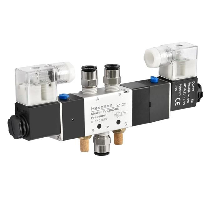 Heschen 4V230C-08 Pneumatik-Magnetventil 24VDC – 5/3-Wege, PT1/4, Mid-Closed, Inkl. Schalldämpfer & Schnellkupplungen