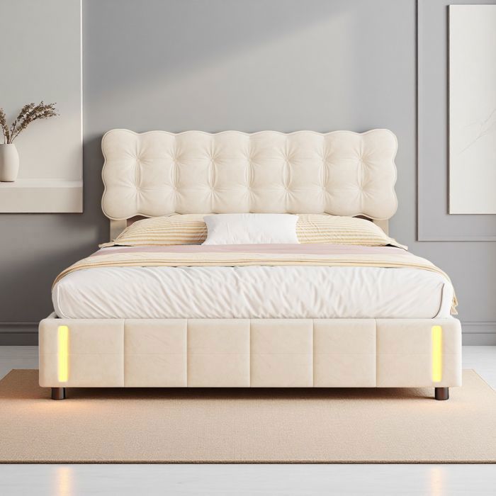 Lit Coffre 160 X 200 Cm Avec Tête De Lit - Tissu En Lin - Motif à