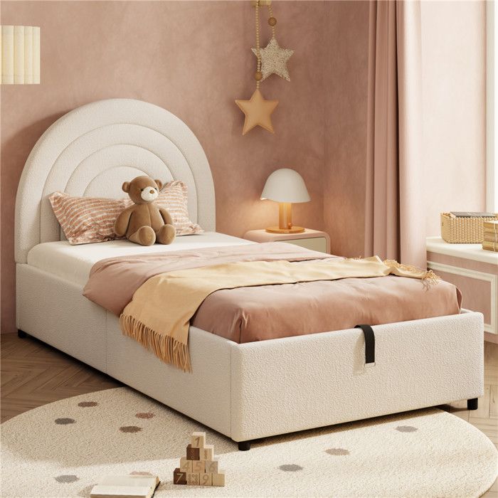 Lit coffre pour enfant 90x200 avec sommier beige et rangement lit 1 place avec tête de lit rembourrée à lattes boucle sans