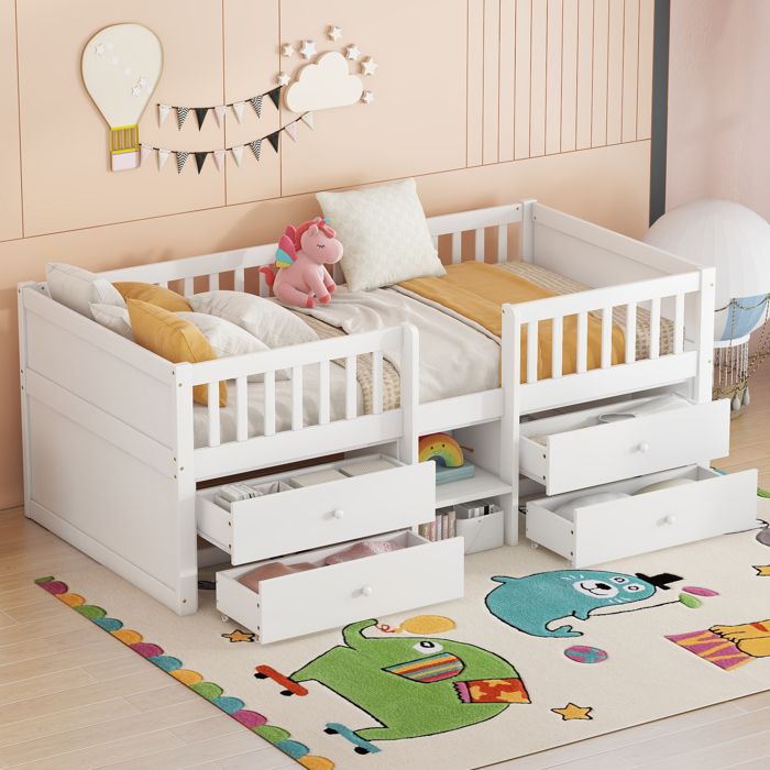 Lit mi-hauteur 90 x 200 cm avec 4 tiroirs sommier à lattes cadre de lit enfant en bois protection antichute sans matelas blanc