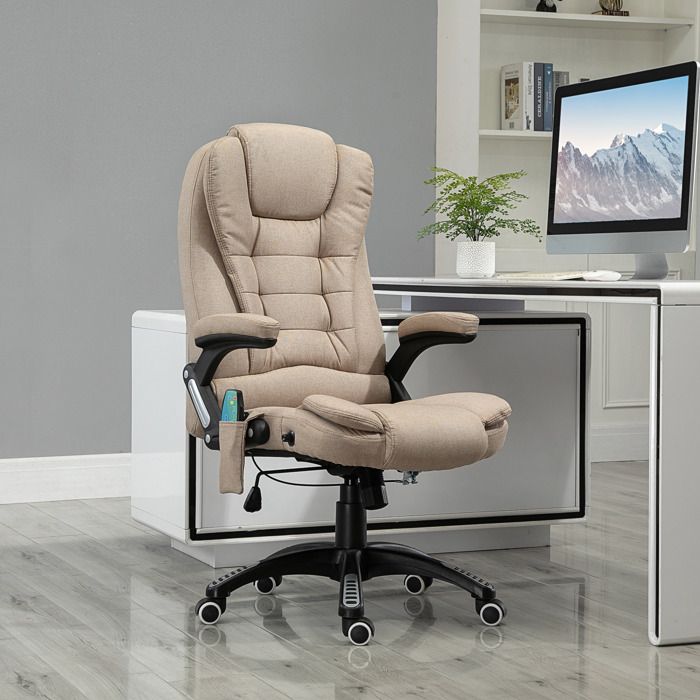 Fauteuil de bureau direction massant chauffant hauteur réglable dossier inclinable toile de lin beige