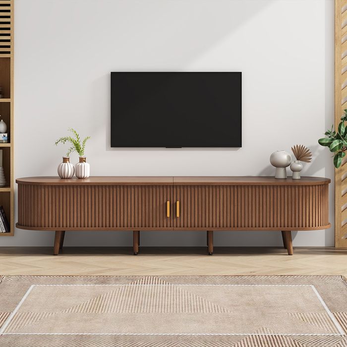 Meuble TV en Noyer avec 2 tiroirs et portes coulissantes - Noyer 175x40x42 cm Pour 75 pouces Meuble TV en Noyer avec 2 tiroirs et portes coulissantes - Noyer 175x40x42 cm Pour 75 pouces