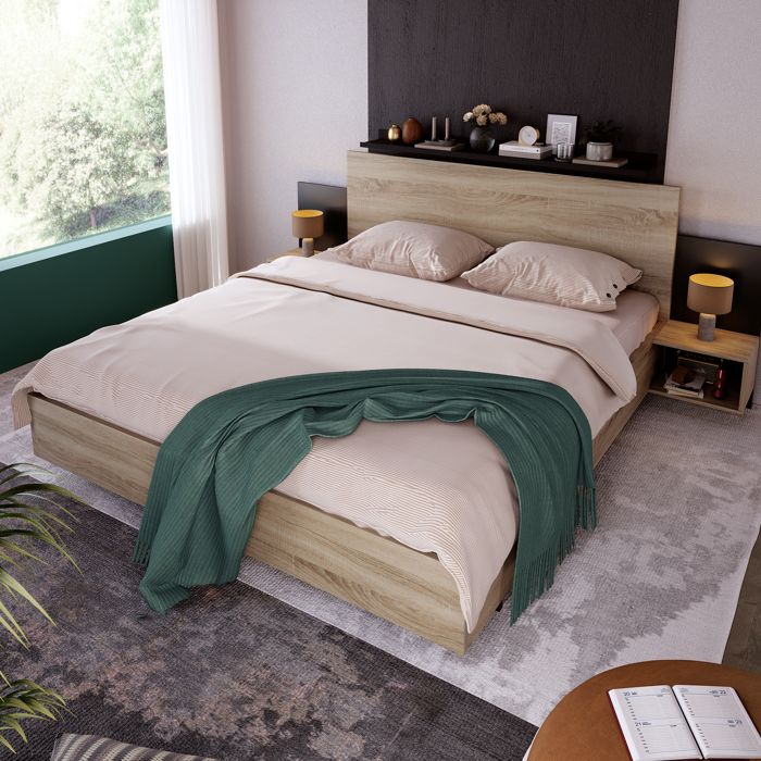 Lit double 160 x 200 cm lit en bois avec 2 tables de chevet ensemble de literie de style moderne chêne Sonoma gris foncé.