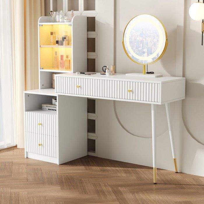 Coiffeuse 4 tiroirs avec miroir LED tricolore armoire éclairée et rangement ouvert 100x40x125 cm blanc - Sans Tabouret Coiffeuse 4 tiroirs avec miroir LED tricolore armoire éclairée et rangement ouvert 100x40x125 cm blanc - Sans Tabouret