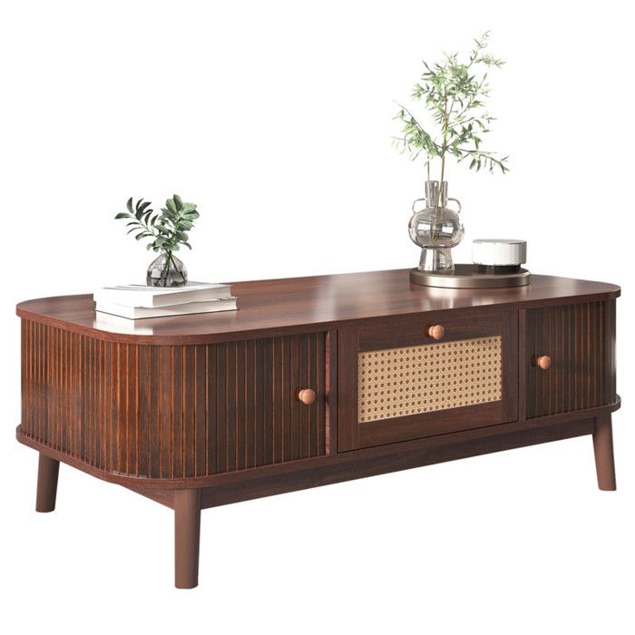 Table Basse Tiroir avec Rotin et Porte Coulissante avec Lattes en Bois Massif Coffee Table Salon Style Rustique Naturel Brun
