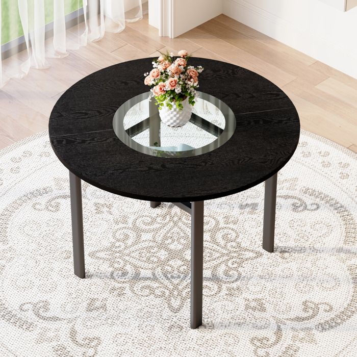 Table à manger ronde - 100 cm - Grain de bois noir - Insert en verre trempé gris - Cadre en métal noir