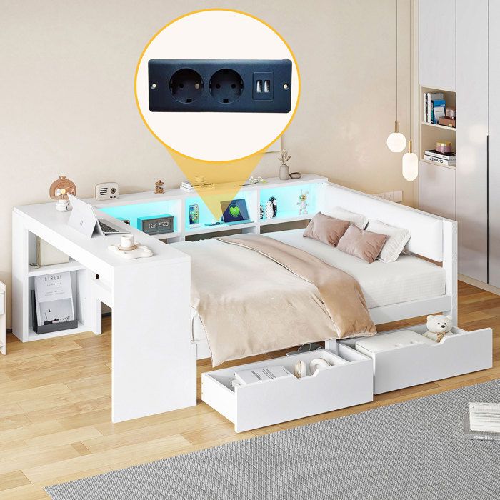 Lit plateforme 140x200 cm blanc avec rangements tiroirs LED intégrées et ports USB – sans matelas