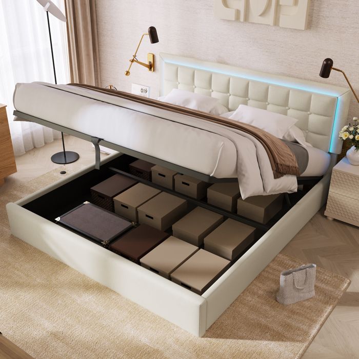 Lit Double Capitonné 180x200 cm Lit Coffre Moderne avec LED Structure en Similicuir Sans Matelas  Blanc