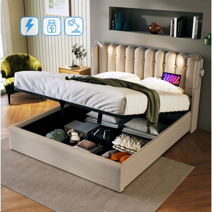 Lit adulte 140x200 cm avec USB liseuse et coffre de rangement sommier à lattes lin naturel