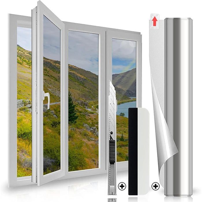 Film Fenetre Anti Regard 30x200cm Film Miroir pour Fenetre avec Raclette Filtre Occultant Fenetre Anti UV Chaleur Brise Vue