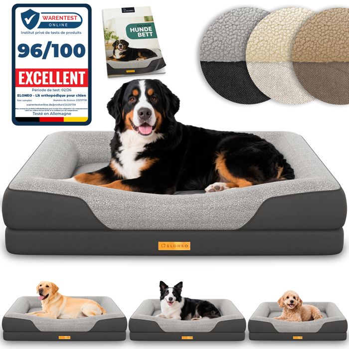 ELONEO lit orthopédique pour chien gris taille XL couchage confortable avec mousse mémoire coussin lavable