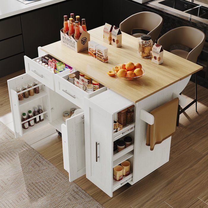 Desserte de cuisine extensible à roulettes Chariot Îlot de cuisine avec plan de travail 2 tiroirs 2 portes 1 armoire coulissant