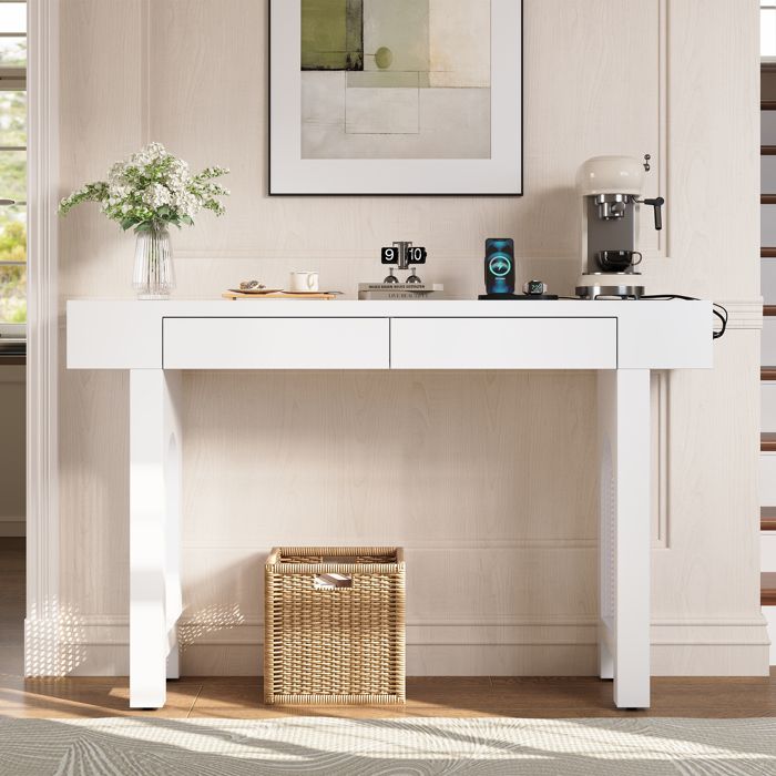 Table console avec tiroirs - 120x35.5x76.5 cm - Blanc - MDF - Multiprise intégrée - Tiroirs indépendants