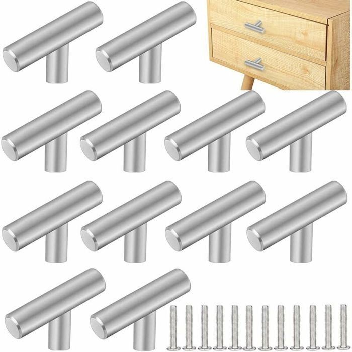 12 PCS Poignee de Meuble Cuisine Acier Inoxydable T Bouton de Meuble avec 12 Vis pour Armoire Porte PlacardArgent