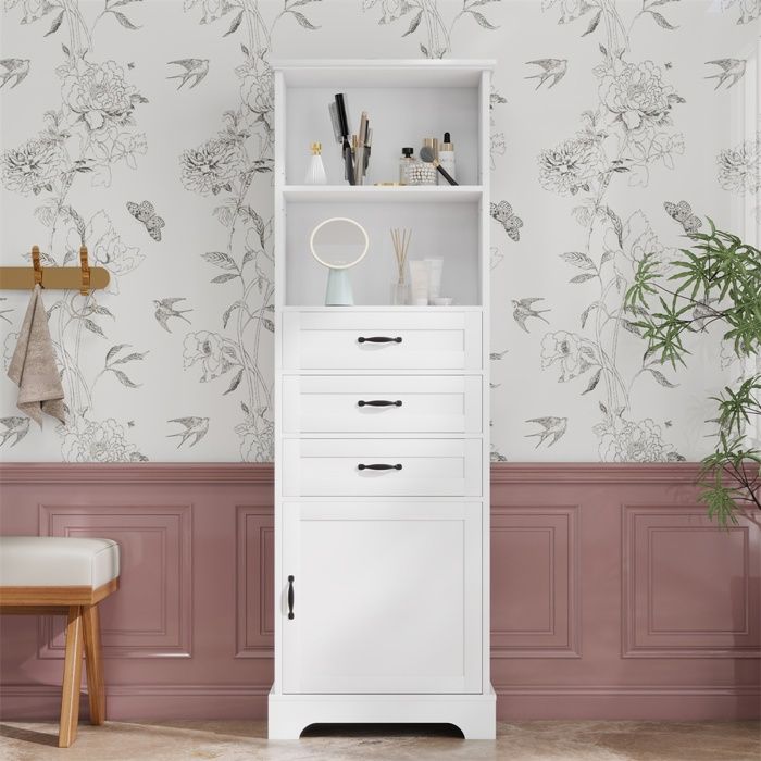 Armoire de Salle de Bain Haute - Meuble de rangement avec 3 Tiroirs Niches Ouvertes et Placard - Colonne de Rangement - Blanc
