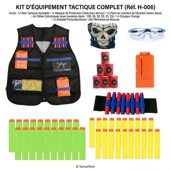 Kit Gilet Tactique Enfant Compatible Nerf : Veste Masque Lunettes 40 Fléchettes 6 Cibles et Accessoires de Combat