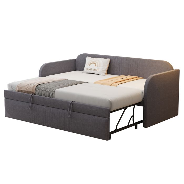 Lit banquette extensible 90x190/180x190cmavec lattesenfants et adultesrayures verticalespour studiolin grismétal