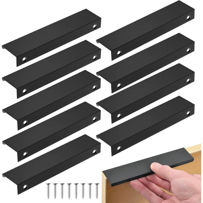 Poignée cuisine noir lot de 10 entraxe invisible 128/150 mm aluminium pour tiroirs armoires bureaux
