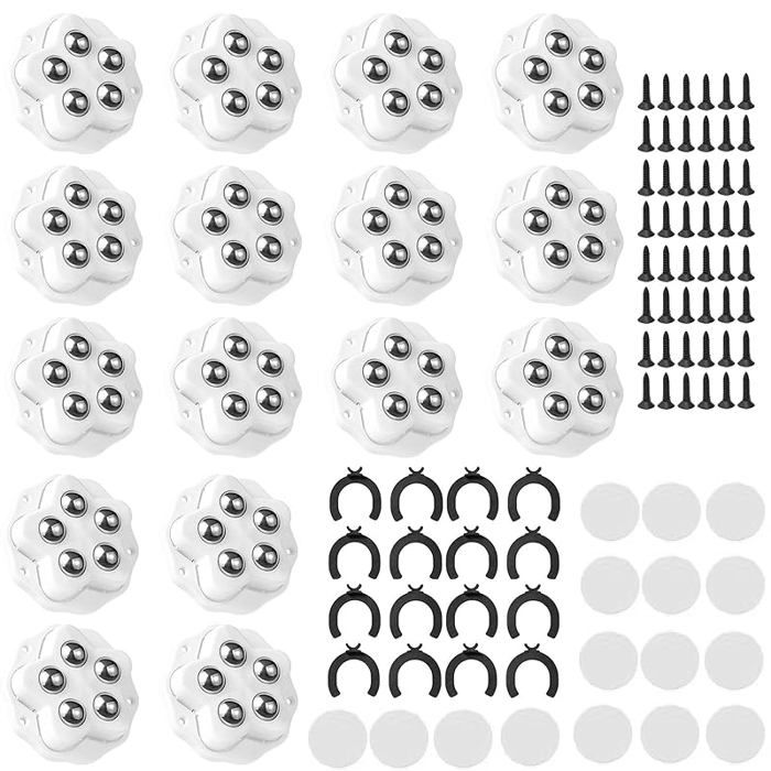 16 Pièces Roulettes pour Meubles Roue Mobile Universelle 360 Capacité 300KG 5 Billes Chacune avec Plaquette de Frein pour Blanc