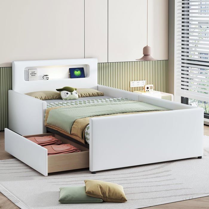 Lit rembourré 90 x 200 cm avec veilleuse port de charge USB compartiments de rangement lit simple blanc sans matelas