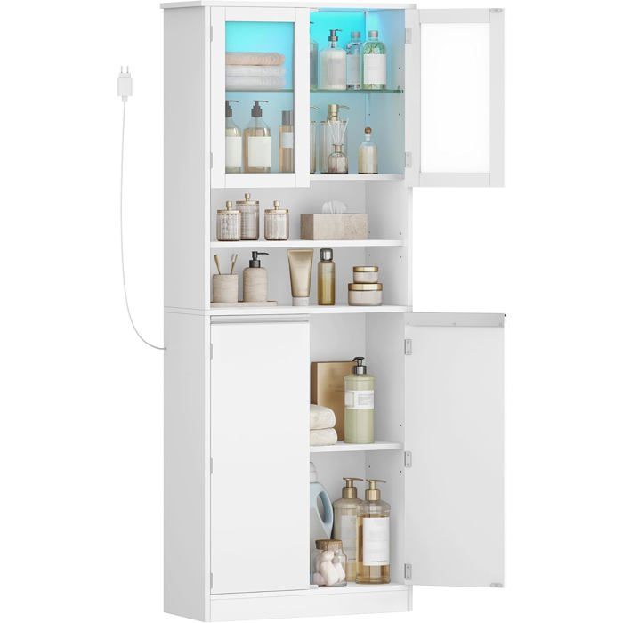Meuble Salle de Bain Meuble de Rangement Haute avec Éclairage LED Armoire sur Pied avec 4 Portes et Étagère RéglableBlanc