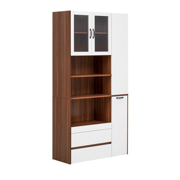 Armoire Haute Buffet Mixte Blanc noyer 100×40×200cm MDF Verre Cannelé 2 Tiroirs Multi Rangements Étagère 3 Niveaux et Roulettes