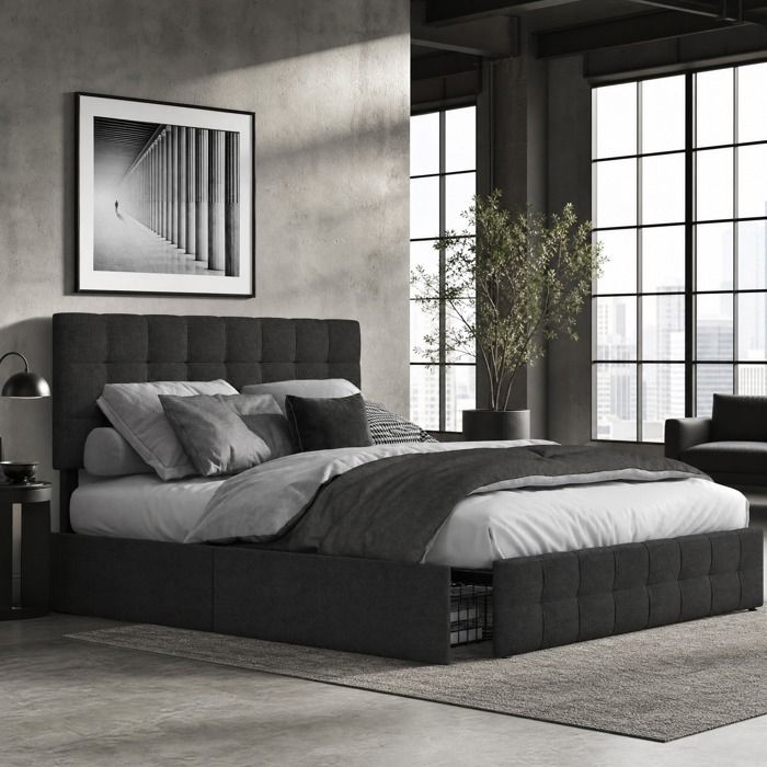 Lit double 140 x 200 cm - noir - 4 tiroirs de rangement - tete de lit reglable
