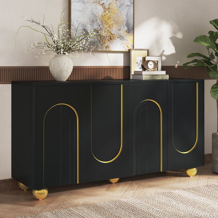 Buffet 4 portes buffet de salon buffet bas 140x40x74cm meuble de rangement pieds sphériques en métal pour couloir salon noir