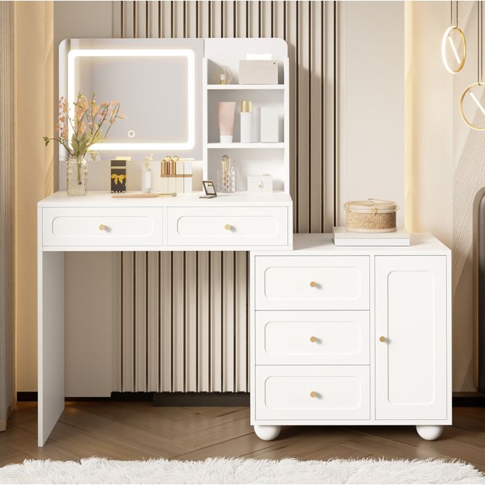 Coiffeuse blanche avec miroir LED 3 modes d’éclairage 5 tiroirs 1 porte 3 étagères 80 x 398 x 127 cm