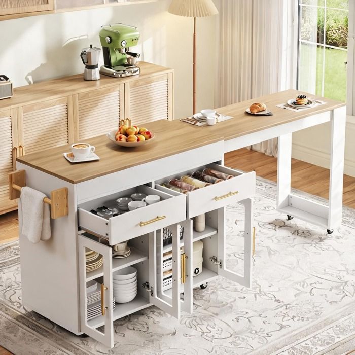 Îlot de cuisine roulant en MDF blanc extensible 1325-217 cm tiroirs et portes vitrées bar intégré