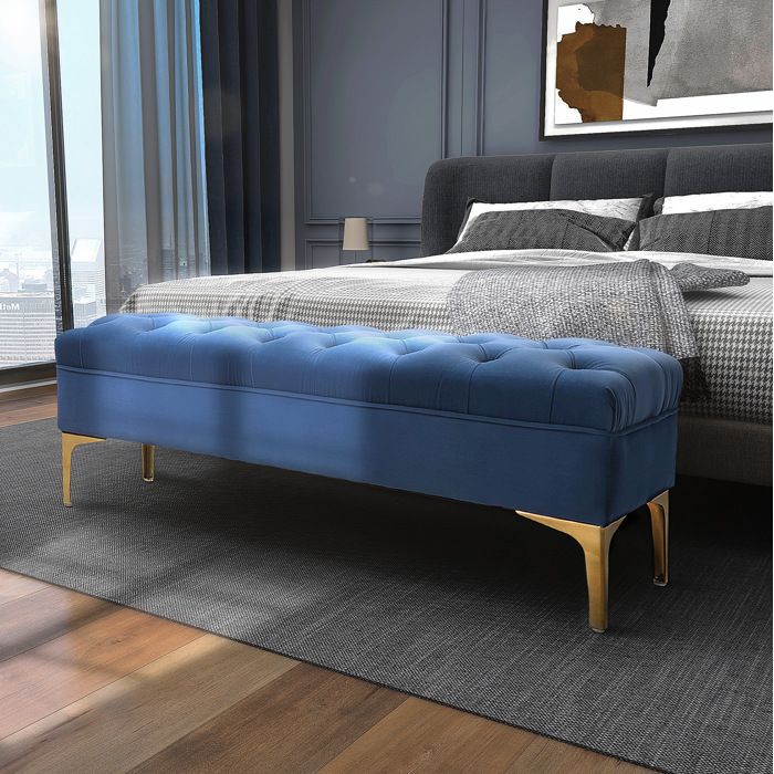 Banc de lit capitonné en tissu bleu avec pieds dorés 118 x 45 x 42 cm charge 120 kg