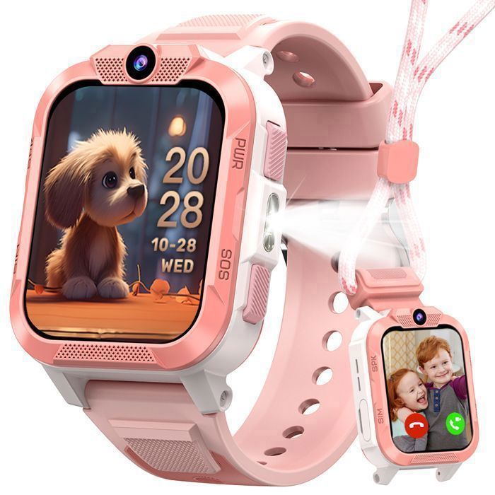 FeipuQu Montre Connectée Enfant 4G GPS Appel Vidéo SOS Montre Téléphone SIM Mode École Zone de Sécurité Caméra IP68 850mAh Rose