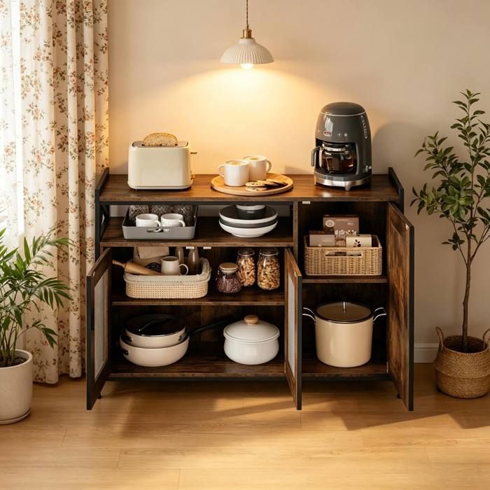Buffet de cuisine style industriel 110 x 33 x 75 cm 2 portes niche ouverte bois dingénierie et métal marron rustique