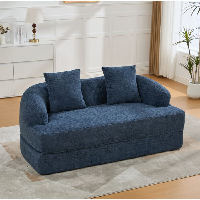 Canape Convertible 2 Places Bleu Marine Sofa Bed Chenille FloraGrace Pour Salon Ou Chambre Amis Sans Montage 157x84x65cm