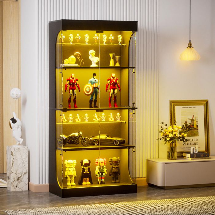 Vitrine Verre Noire 4 Niveaux Meuble Vitrine Moderne FloraGrace Pour Salon Chambre Bureau LED Tricolore Capteur 80x35x165cm