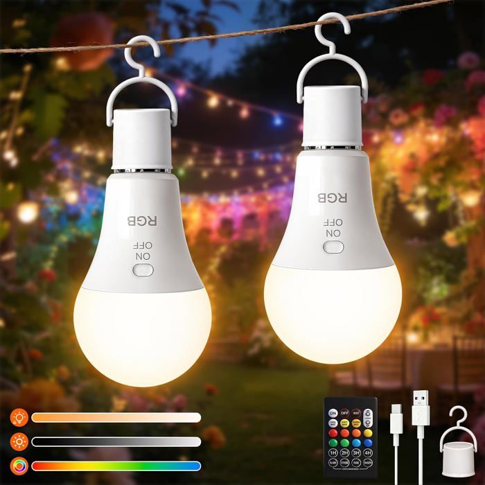 Lot de 2 ampoules LED rechargeables E27 RGB - 7W dimmables avec télécommande 3 températures de couleur minuterie et USB-C